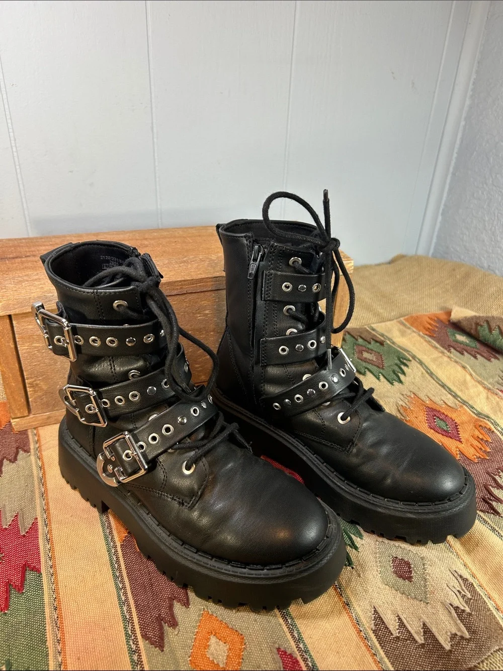 Zara Black Multi-Buckle Combat Boots